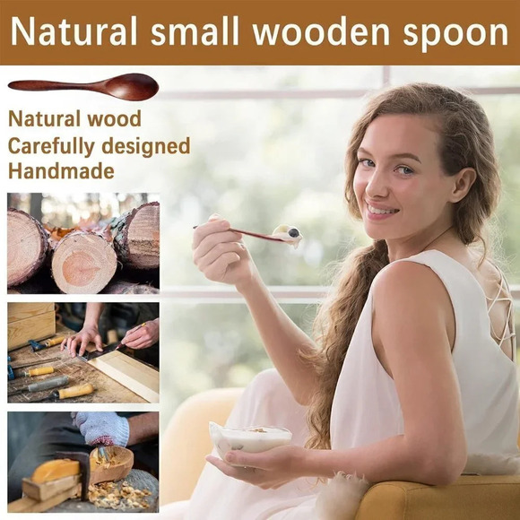 5.78" Beautiful Small High Quality Wooden Spoons Set for Eating - Brown - 7 Pcs - Picture 2 of 6